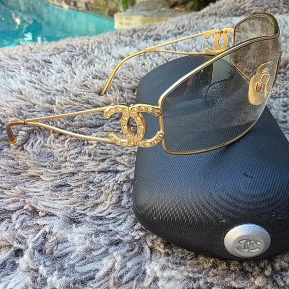 Authentic Chanel Gold Sunglasses crystal CC - Picture 1 of 14